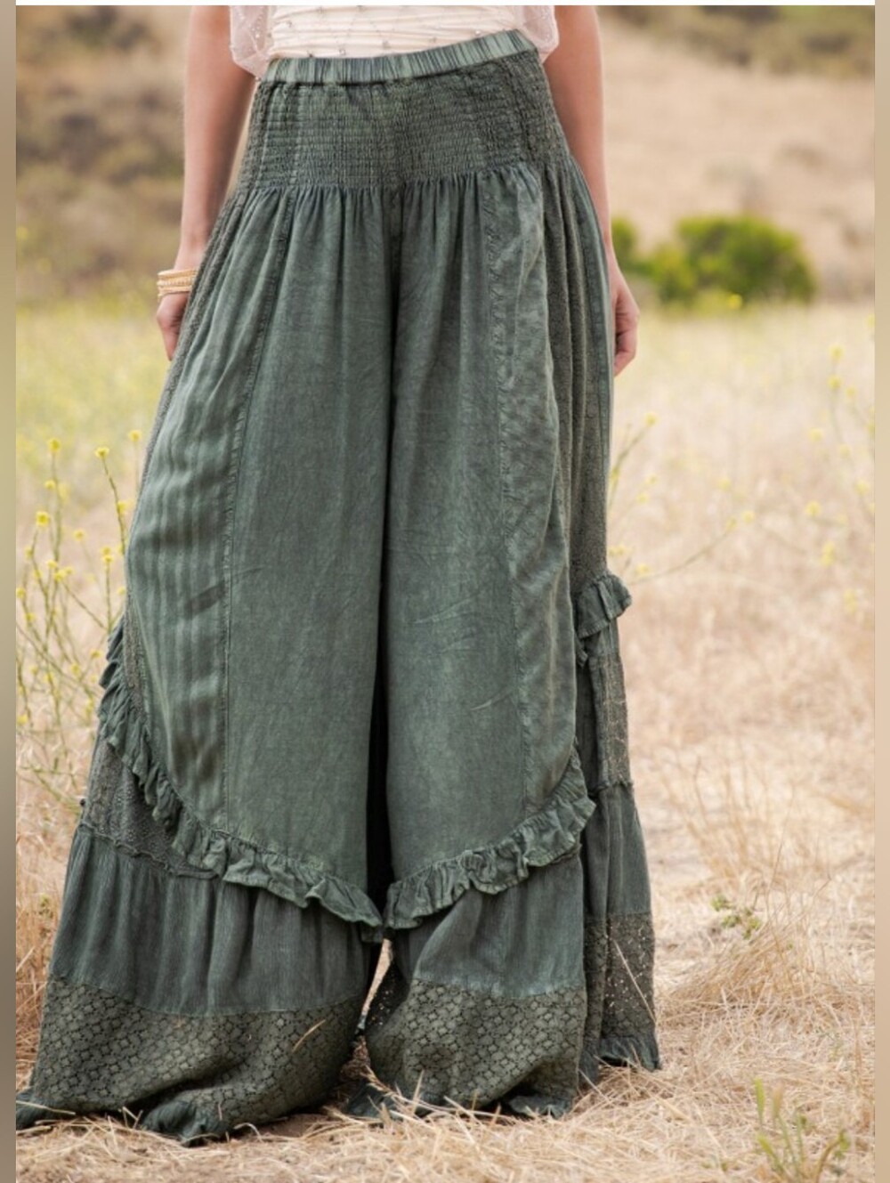 Young Threads Boho Smocked Mineral Wash Lace Tiered Ruffle Pants Basil NWT